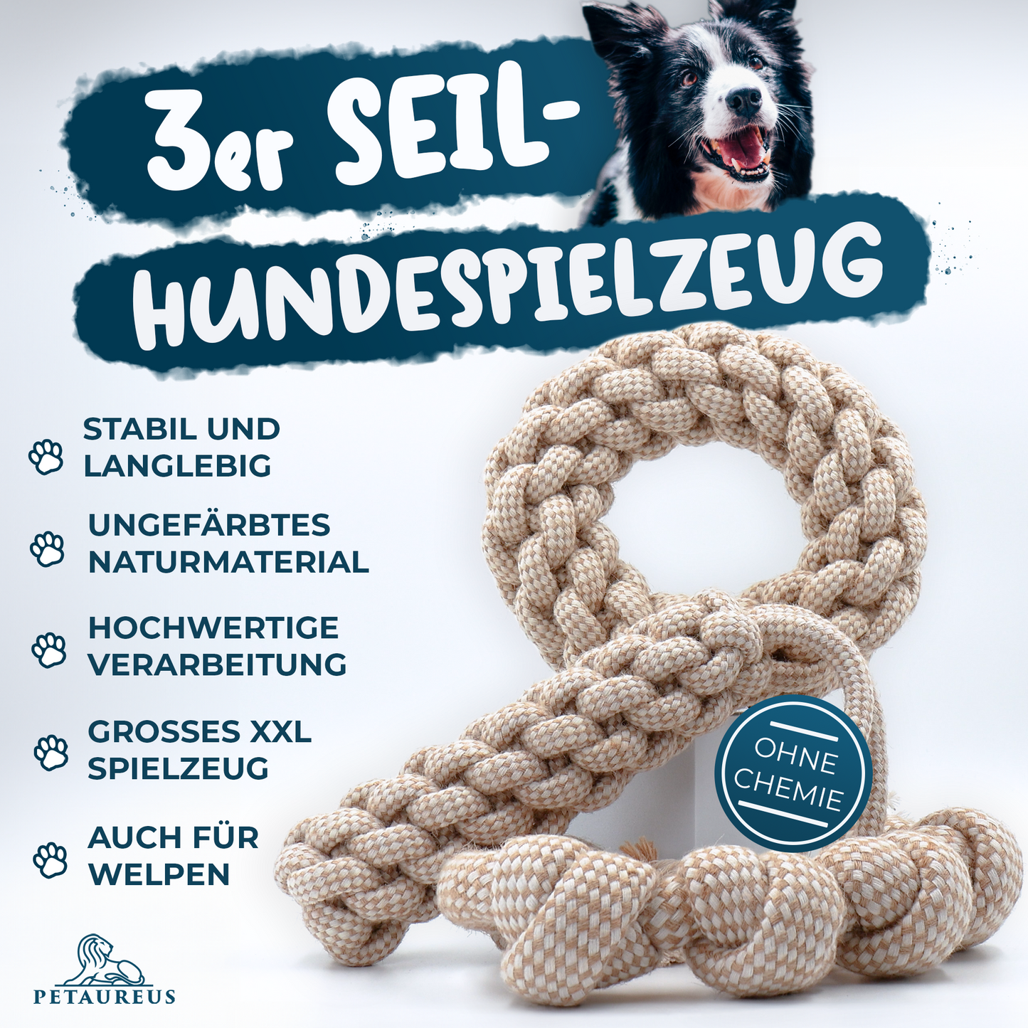 Premium Hundespielzeug Große Hunde 3er-Set: Robustes Spielzeug aus Baumwolle & Hanf